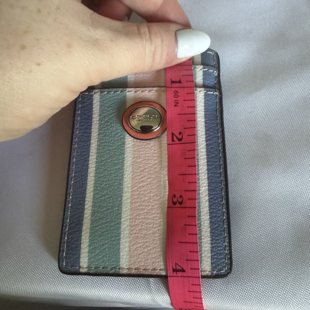 Coach Laynard ID Credit Card Key Holder Pink Teal Blue White Striped Wallet New - Picture 9 of 11